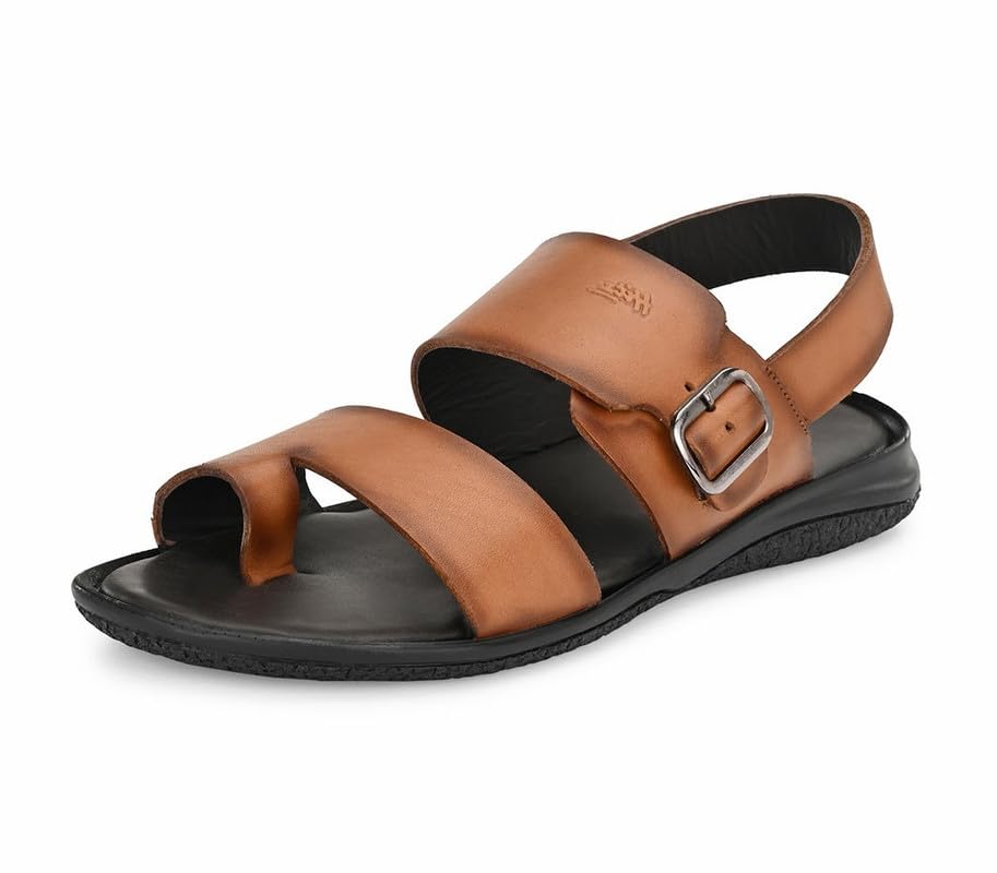 Men's Tan Leather Toe Ring Sandals with Buckle Closure