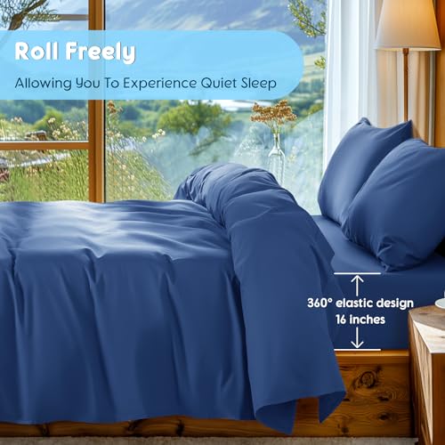 Image of SONORO KATE 1000 Series 100% Egyptian Cotton Queen Sheet Set,4 Pieces | Soft,Breathable Long Staple,Sateen Weave,Luxury 5-Star Hotel Bed Sheets,16 inch Deep Pocket,Navy Blue