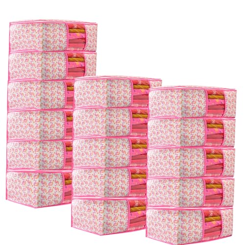 Image of Non-Woven Saree Covers with Zipper & Transparent Window | Clothes Storage Bags for Wardrobe Organization | Dustproof Garment Storage for Sarees, Dresses, and Clothes (Pink, Pack of 16)