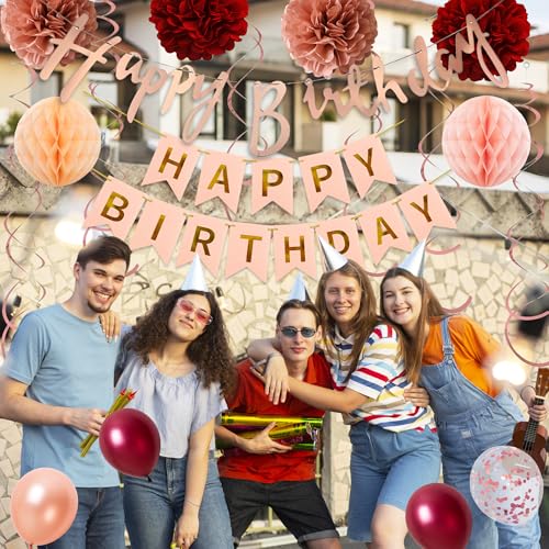 Deko Geburtstag Ballons Girlande Set - Geburtstagsdeko Happy Birthday Banner Luftballons und Spiralen, Papier Pompons Wabenbälle für Frauen Mann Mädchen Jungen Geburtstagsfeier
