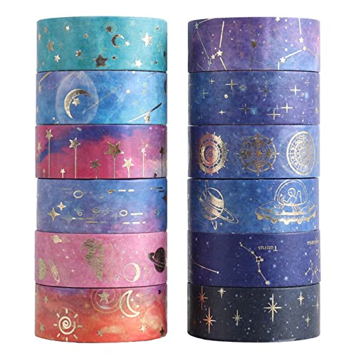 12 Rollos Cintas Adhesivas Washi Tape, Starry Sky Decorativa Washi Tape, Cinta Washi Tape Pastel, para DIY Manualidades Revistas Planificadores Tarjetas Scrapbook, Envoltura, Calendarios Cover