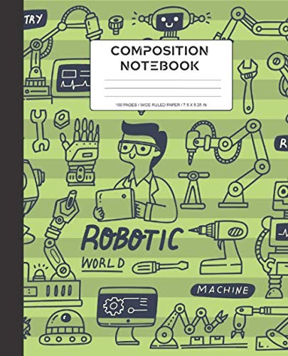 COMPOSITION NOTEBOOK: Wide Ruled Composition Notebook | Robots Everywhere Composition Notebooks Pattern Blank Lined, The Wild Robot, Girl Boy School ... Striped Colors (50 Sheet, 7.5 in x 9.25 in)