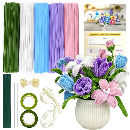 XiaoLidm 400PCS Pipe Cleaners for Craft Flowers 5 Colours Pipe Cleaner Flower Kit for Tulip Bouquets Pipecleaners with Flower Stems Stamens Glue Sticks Floral Tape & Ribbon for DIY Flowers