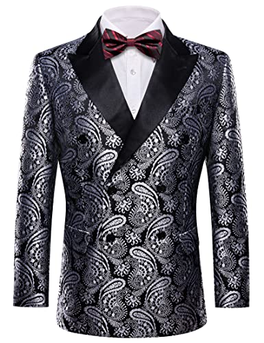 Fancy Suit Coat for Men Big and Tall,Floral Paisley Tuxedo Closure Collar Double Breasted Blazer Casual Formal, Paisley Silver Black, S