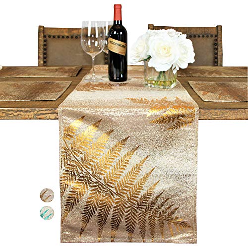 Crazy Deals Custom Made Metallic Yarn Gold Green Table Runner – 14 x 108 Inch Gold Table Runner for Dining Table - Modern Foil Leaf Design – Ideal for Holidays, Home Décor (108" Table Runner, Gold/Gold)