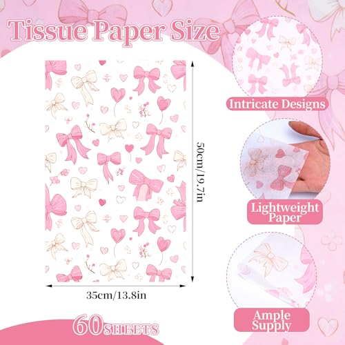 Image of Larcenciel Pink Tissue Paper for Packaging, Bow Balloon Gift Wrap Tissue Paper for Gift Bags, Boxes & Crafts, Pretty Packing Supplies for Birthday, Wedding, Anniversary, Holiday, 60 Sheets 20x14in