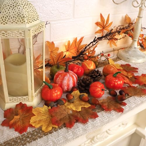 winemana 50pcs Fall Decorations for Home- Mini Pumpkins, Autumn Leaves & Acorns Centerpiece Set -Thanksgiving Harvest Decor for Table, Mantle, Party Backdrop