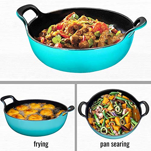 Enameled Cast Iron Balti Dish With Wide Loop Handles, 5 Quart, Turquoise - Thumbnail 2