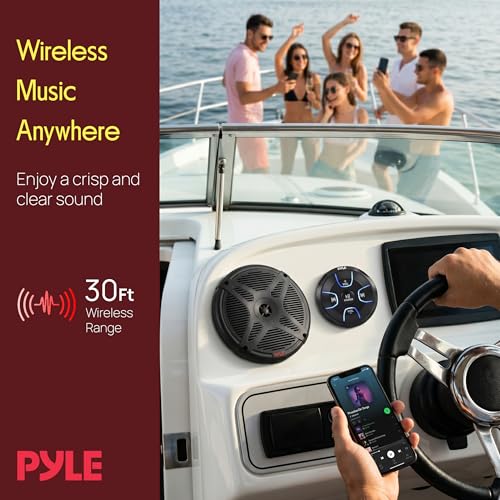 6.5'' Dual Marine Speakers Kit - Waterproof-Rated w/Amplified Bluetooth Remote Control Receiver for Powersport Vehicles, IP65 Marine Grade Rating, 600 Watt Max Power - Pyle PLMRKT8