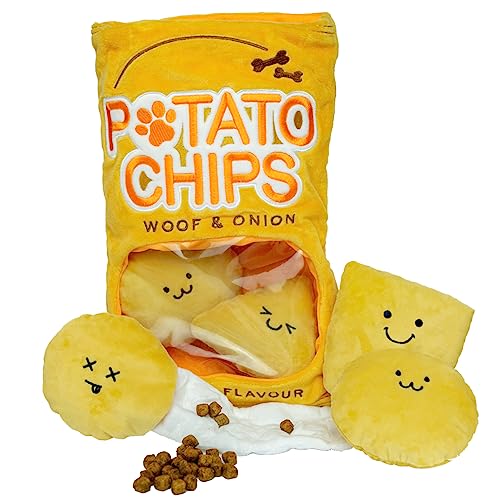 PAWS MANIA Interactive Dog Puzzle Toy (Potato Chips) for small to medium sized dogs hide and seek treats with hidden squeakers