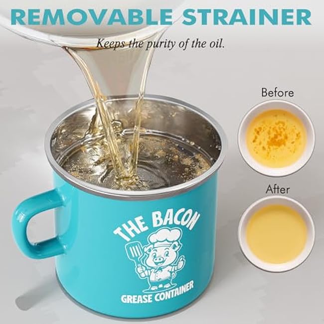PGYARD Mini Bacon Grease Saver With Strainer - 15OZ Enamel Grease Container, Farmhouse Bacon Grease Keeper For Kitchen Fat Storage, Dishwasher Safe-Light Blue