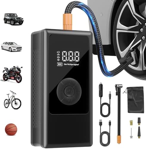 Sealong Elektrische Luftpumpe 150PSI, Akku Fahrradpumpe mit Autostop | Dual Power (Akku/12V), digitale Anzeige, LED-Licht & Powerbank-Funktion, Mini-Kompressor für Auto, Fahrrad, M