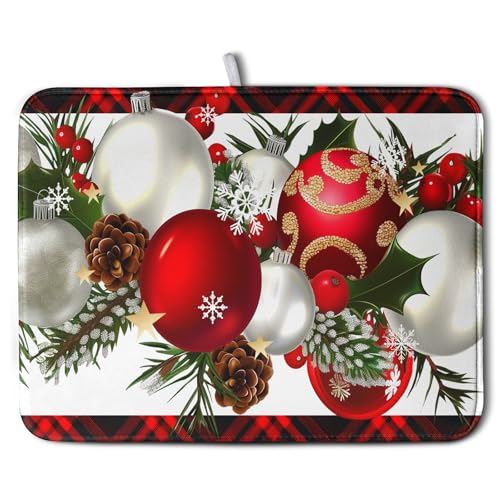 Kwlegh Christmas Red Buffalo Plaid Dish Drying Mat for Kitchen Counter 16x18 Inch Winter Xmas Ball Snowflake Pine Cones Dishes Drying Mat Microfibe Super Absorbent Dish Rack Pad for Coffee Bar Sinks
