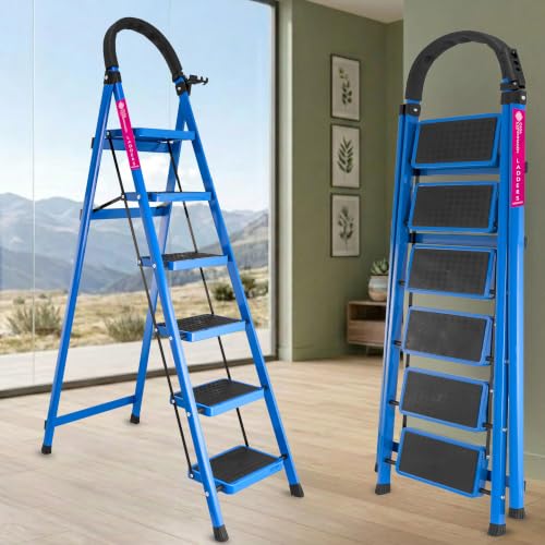 Image of Casa Copenhagen Blue 6 Step Ladder for Home Use with Built-in Tool Tray | Heavy Duty D Shape Rods | Ultra Large Platform| 150Kg Capacity Foldable Ladder - 7 Years Warranty