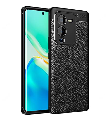 Golden Sand Cover Vegan Leather Texture Series Shockproof Armor TPU Back Cover Case for Vivo V25 Pro Mobile Phone, Black- Best and cheap mobile covers in India