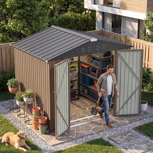 Image of Devoko 8 x 6 FT Storage Sheds with Floor Frame, Waterproof Garden Tool Shed with Lockable Door, Outdoor Metal Utility Shed for Backyard Patio Lawn, Brown