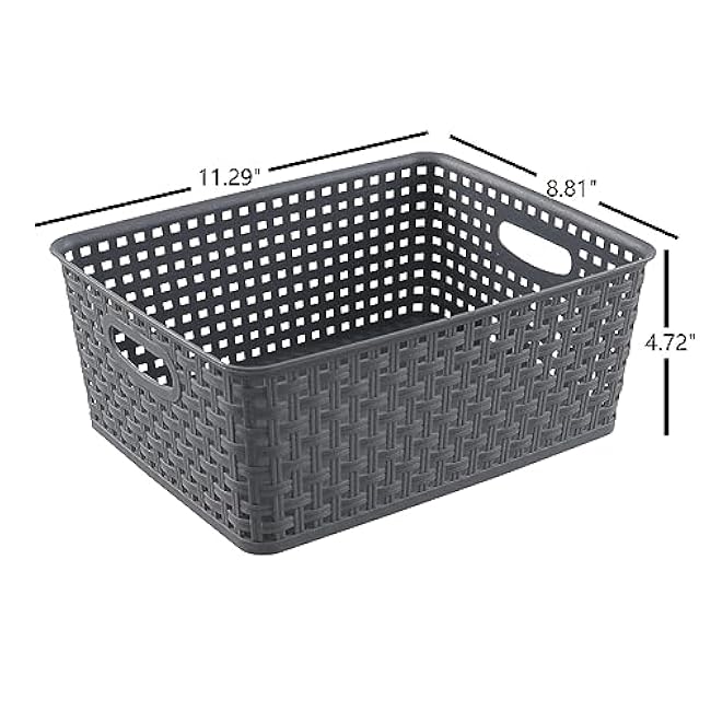 Readsky Plastic Woven Storage Basket with Handle, Gray, 4 Packs
