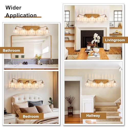 Image of Vintage Bathroom Light Fixtures, 5 Light Gold Bathroom Vanity Light, Matte Antique Brass Finish with Crystal Glass Shade, Wall Sconces Lighting for Bedroom, Living Room, Hallway