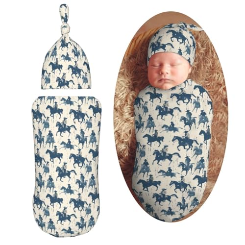 Image of Watercolor Cowboys Cool Newborn Swaddle Blankets Hat Sets Soft Baby Receiving Blanket Swaddle Sack for Baby Shower Infant Boy Girl Gift
