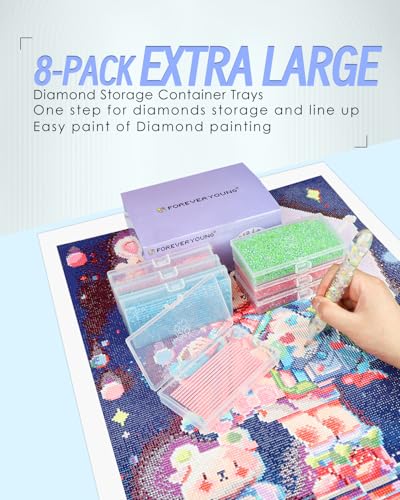 Image of forever young 8PCS Extra Large Diamond Painting Storage Containers Trays | 2-in-1 design keeps diamond art beads organized. Provides bead storage and line-up, with a box package for a tidy workspace.