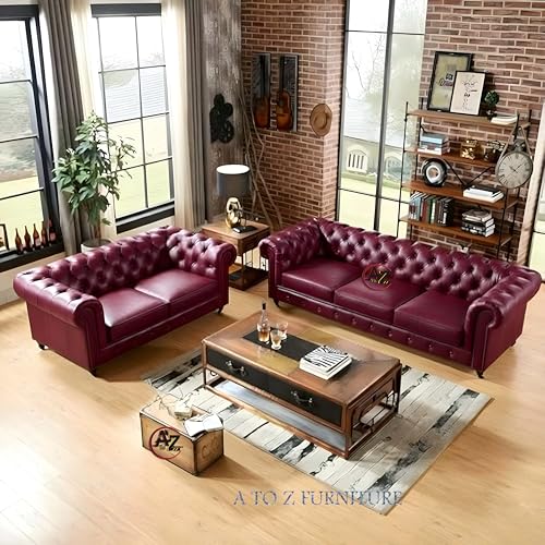 Image of A to Z Furniture Classic 3+2=5 Seater Sofa Set Luxury Chesterfield Leatherette Sofa in for Home Living Room & Office (3+2 Maroon)