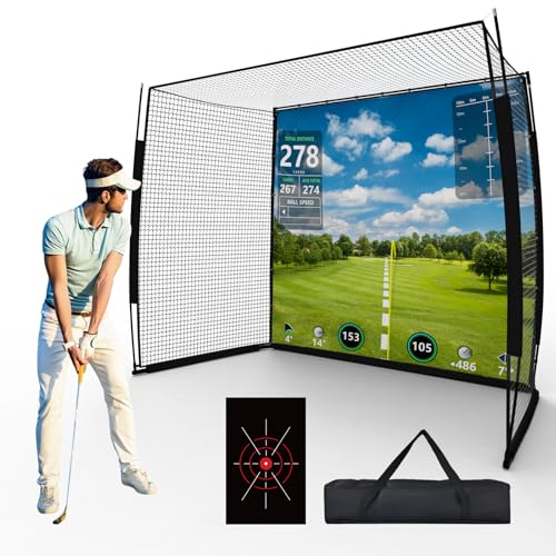 IDEATRY Golf Simulator Impact Screen Enclosure with Net & Target (Projector not Included) - Golf Practice Cage with 270 Protection Easy Setup to Use for Indoor Outdoor Home Garage Basement