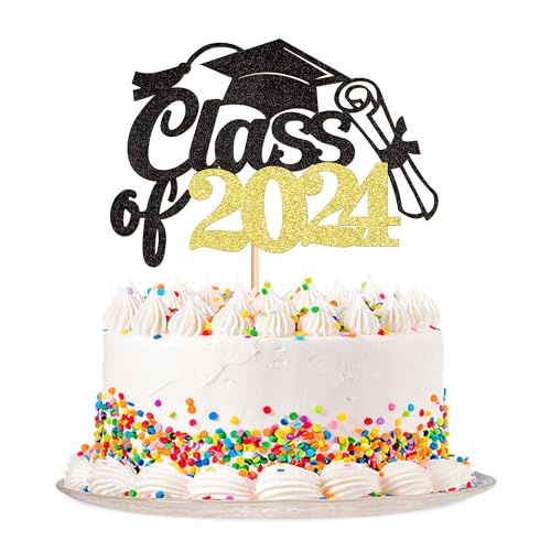 Ercadio 1 Pack Congrats Class of 2024 Cake Topper Gold Glitter Grad Cap Diploma Class of 2024 Cake Picks Decorations for 2024 Graduation Theme Party Cake Decor Supplies