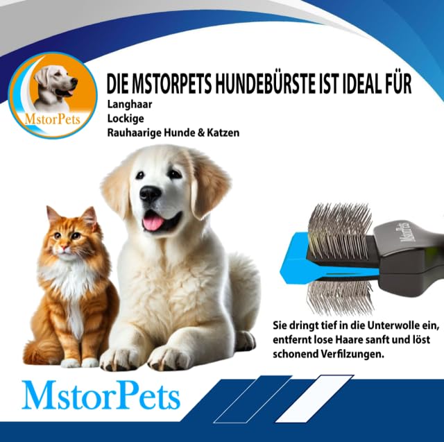 MstorPets Professionelle Zupfbürste für Hunde und Katzen mit Schutznoppen - Entfernt sanft Unterwolle, Verfilzungen & Knoten - Langhaarige Hundebürste und Pudelbürste für die tägliche Fellpflege