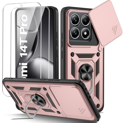 Guisessy Funda para Xiaomi 14 T Pro Armor Carcasa Cubierta de cámara Deslizante Proteger con 2 Pack Cristal Templado Protector, con 360 Anillo Soporte PC y Silicona TPU Case, Oro Rosa