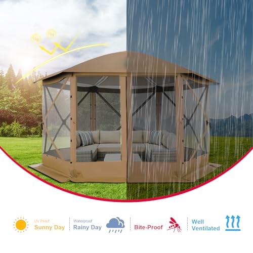 Image of COBIZI 12x12 FT Pop Up Canopy Stargazing Tent, Gazebos On Clearance with Removable Roof,Instant Screened in Gazebo, Screen Tents Portable carpas para Patio for Outdoor Camping,Backyard, Garden, Brown