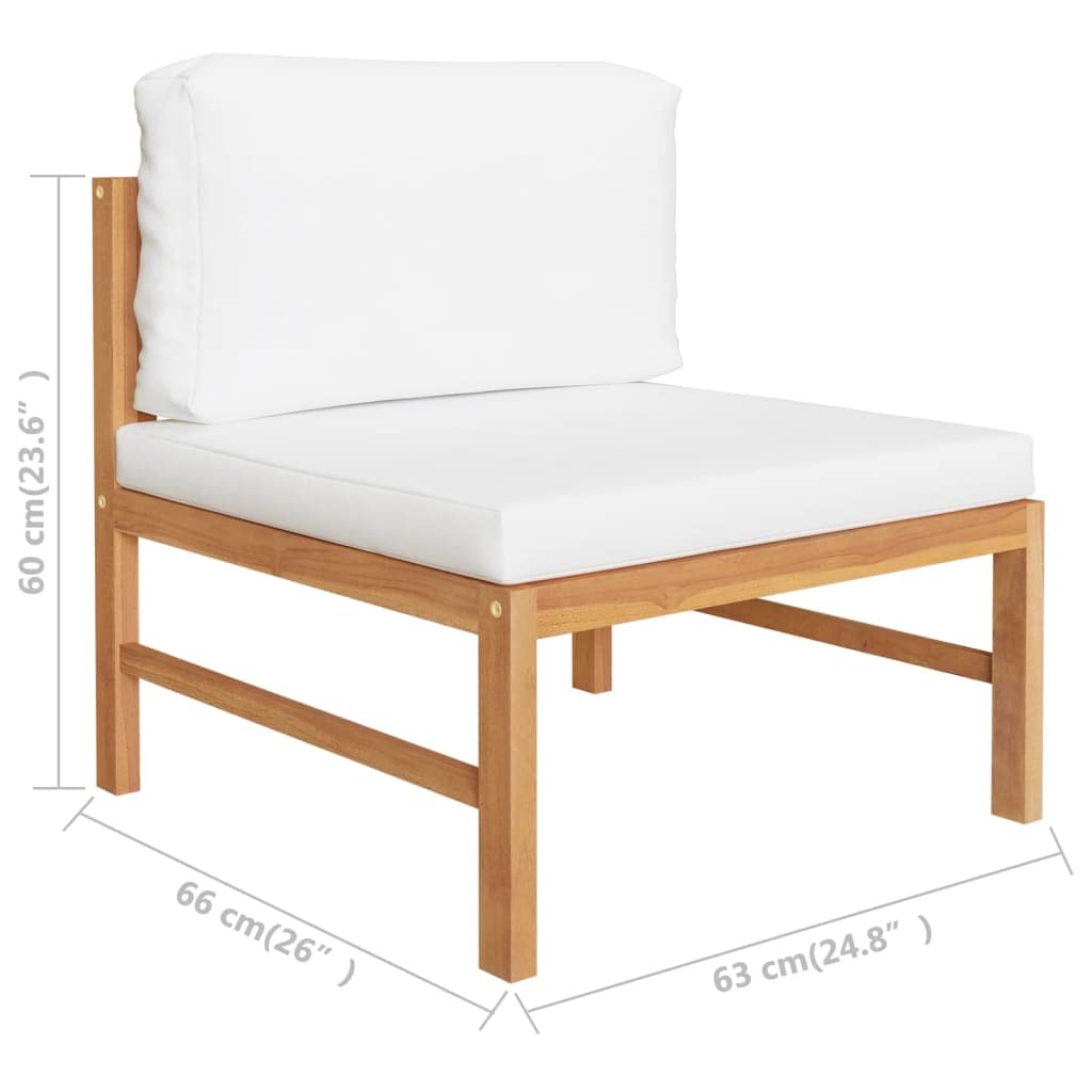 Set di 3 mobili da giardino in legno di teak con cuscini color crema, resistente alle intemperie, divano da giardino modulare come parte centrale, facile da pulire, per terrazza, balcone e