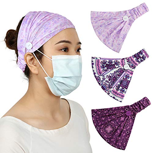 HDE Headbands with Buttons for Mask - 3 Pack of Stylish Headband with Button for Face Masks and Covers