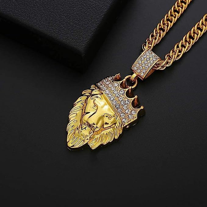 Lion's head men's necklace, hip-hop jewelry gold crown lion's head pendant, Cuban chain gold necklace - Image 4