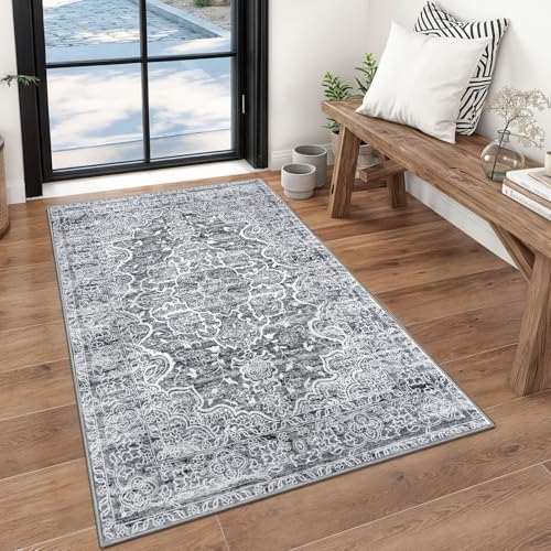 KUTA Area Rug 3x5, Vintage Floral Rugs for Living Room Grey White Washable Non-Slip, Ultra Soft Printed Medallion Entry Low-Pile Throw Carpet for Bedroom Dorm Décor