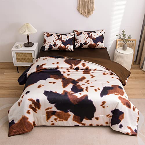 Aimuan Brown Cow Print Comforter Satin Luxury Silk Like Satin Silky Cozy Quilt Set Super Soft Cartoon Bedding Sets With 2 Matching Pillow Covers (Brown, Queen) #TOP4