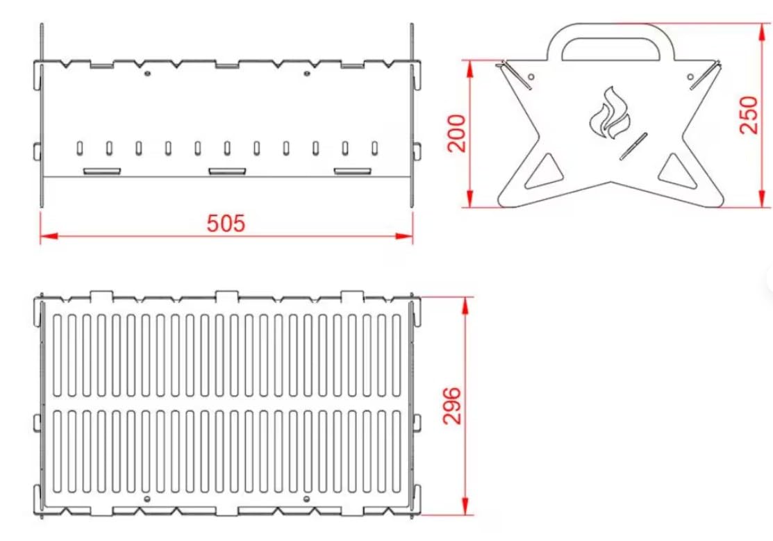 Składany grill kempingowy COMBO 3 mm – obudowa ze stali nierdzewnej + ruszt do grillowania INOX 1 mm – 505 × 296 mm – składany