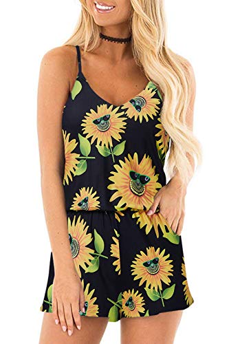 RAISEVERN Womens Floral Romper Summer Casual Cute Short Jumpsuit Glasses Sunflowers Print Adjustable Spaghetti Straps Loose V Neck Sleeveless Black Sexy Cami Rompers with Pockets