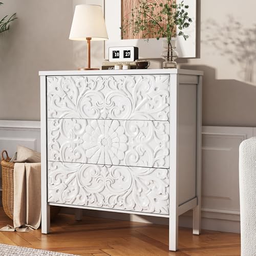 PHOYAL 3-Drawer Dresser Chest, Modern Wooden Flower Motif Dressers with Wide Storage Space Chest of Drawers Bedside Nightstand Dresser Closet for Living Room Bedroom, Hallway (White)