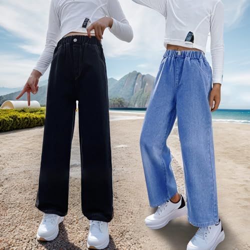 Girls Classic Straigh Jeans Elastic High Waist Wide Leg Solid Denim Pants Y2k Boyfriends Trousers Kids Swear Pants 4-14T3