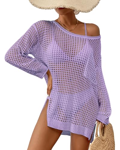 Bsubseach Gehäkelte Strandabdeckung für Frauen Hohl aus Badeanzug Coverup Langarm Gestrickt Crop Top Lila