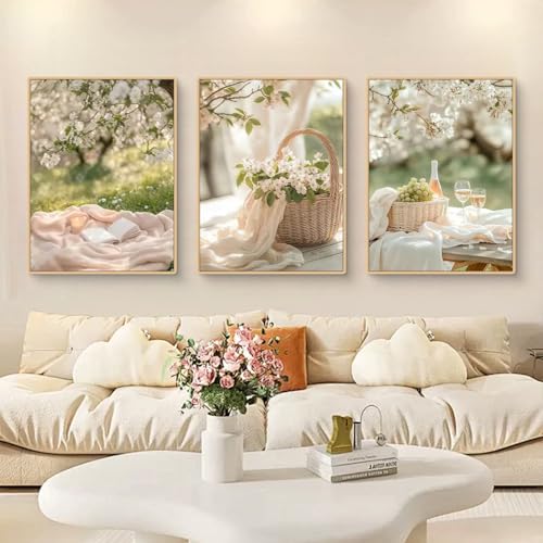 Posters pique-nique de printemps décoration murale salon triptyque 50x70 cm