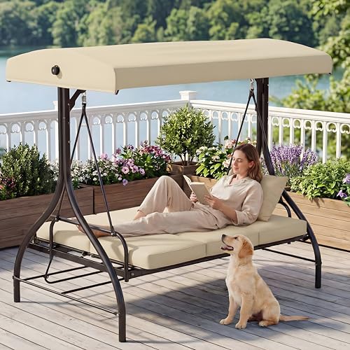 TLSUNNY 3 Seater Garden Swing Convertible Glider Bed with Adjustable Canopy & Backrest Heavy Duty Waterproof Outdoor Patio Swings Bench w/Removable Cushion for Backyard Poolside Balcony Beige