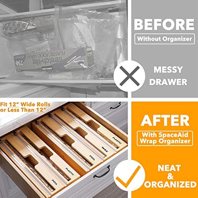 SpaceAid WrapNeat 3 in 1 Wrap Organizer with Cutter and Labels, Plastic Wrap, Aluminum Foil and Wax Bamboo Dispenser for Kitchen Storage Organization Holder for 12 Roll (Natural)