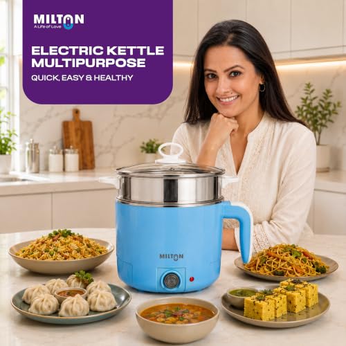 Image of Milton Electric Kettle Multipurpose 1.2L | 600W Multi Cooker Kessel | 4-in-1 with Idli Stand (2 Plates), Steamer With Stainless Steel Stand, Egg Boiler | 1 Year Warranty