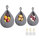 Hanging Fruit Baskets for Kitchen, 3 Pack Boho Cotton Rope Handwoven Vegetable Storage Wall Mounted Large Organizing Basket for Farmhouse Decor, Onion, Potato, Garlic and Plants