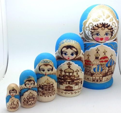 Russian Church in Blue Wood Burned Hand Carved Hand Painted Nesting 5 Piece Doll Set / 7" Tall