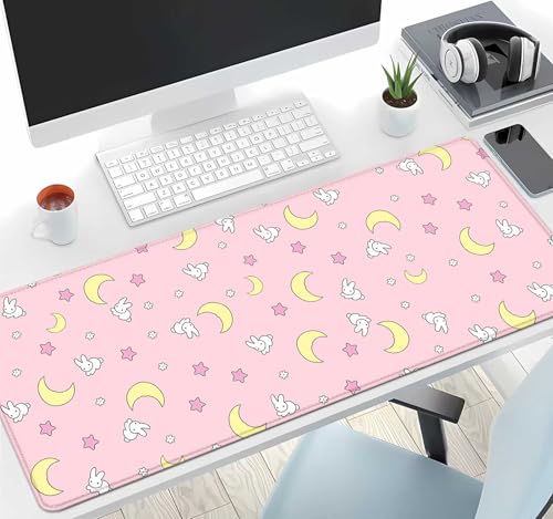 Image of IMAYONDIA Pink Kawaii Desk Pad, Cute Moon Bunny Desk Mat Computer Pad Desktop,Laptop Protector Aesthetic Anime Mousepad Writing Pad for Office Home School,Large Gaming Mouse Pad Tarot Mat,31.5 X 11.8