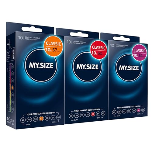 MY.SIZE Preservativi classici confezione standard da 10 | 57, 60, 64 mm di larghezza | 3x10 pezzi preservativi premium extra sottili | preservativi fedeli al tatto | 0,07 mm di spessore delle pareti