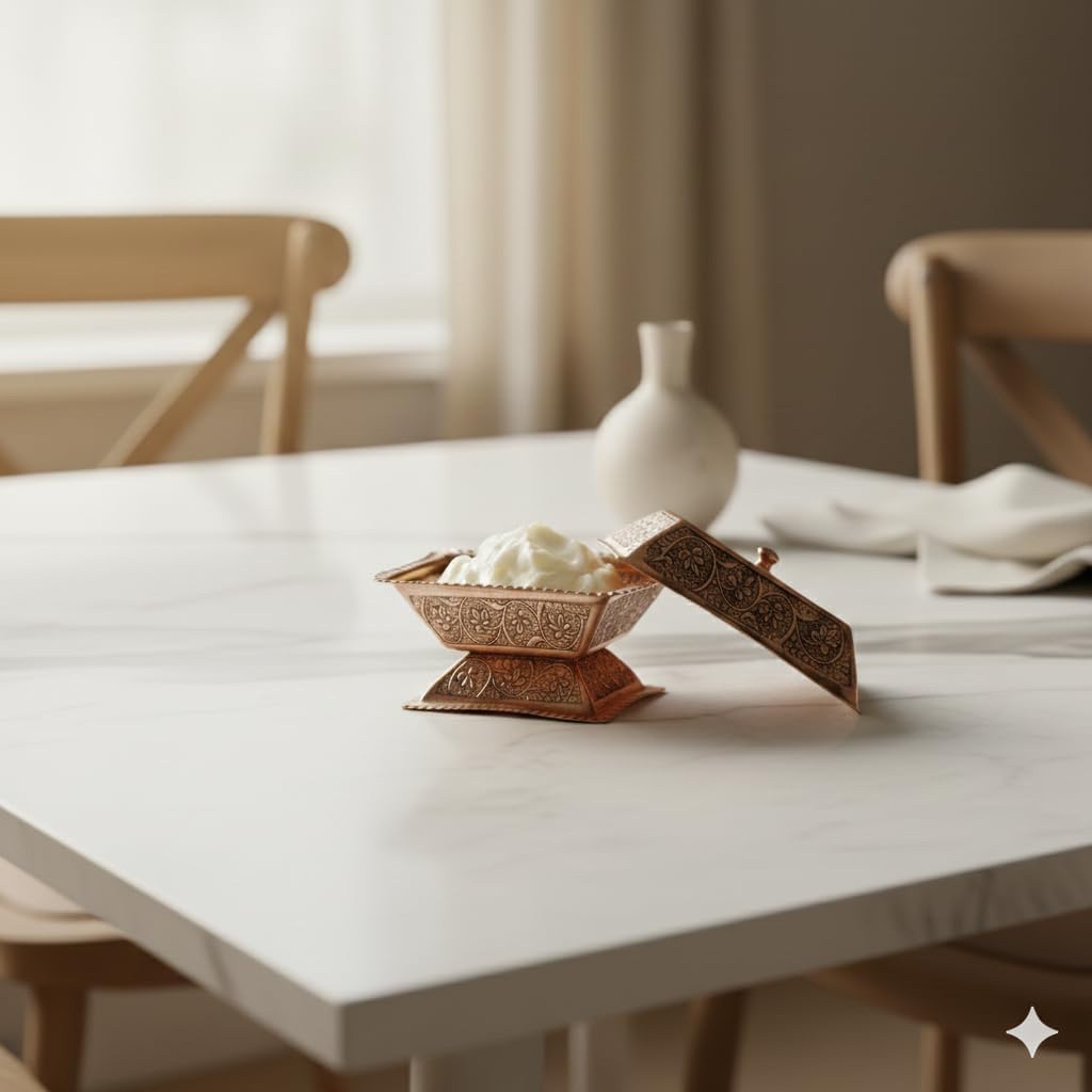 Vintage Kashmiri Copper Butter Box with Lid, Black Engraved Design, 7.87x5.11 Inches, Decorative Storage Container