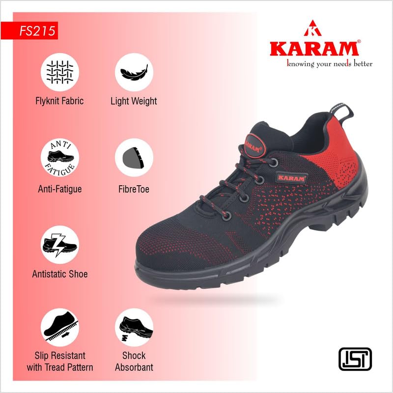 KARAM ISI Marked Flyknit Safety Shoe Excellent Grip, Comfort and Slip Resistance | Safety Shoes with Fibre Toe | Red & Black | FS215FN(FWSAMN)
